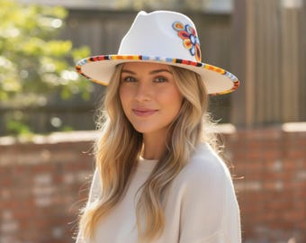 White Wool Fedora with Beaded Floral Patch - African Beaded Brim - Boho Festival Statement Hat