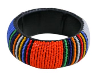 Wide Orange African Beaded Bangle | Colorful Striped Maasai Statement Bracelet | Handmade Tribal Seed Bead Cuff