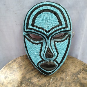 Vibrant West African Blue black Wood Mask with (Unique!) Safari Shelf Table top console top Art gift wood Wall Hanging Home Decor
