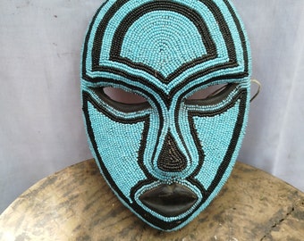 West African Wood Mask: Blue & Black Beaded Wall Hanging