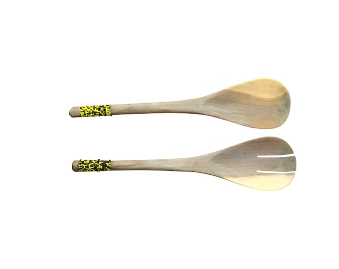 Hand-Carved African Salad Servers: Wooden Utensils with Beaded Handles
