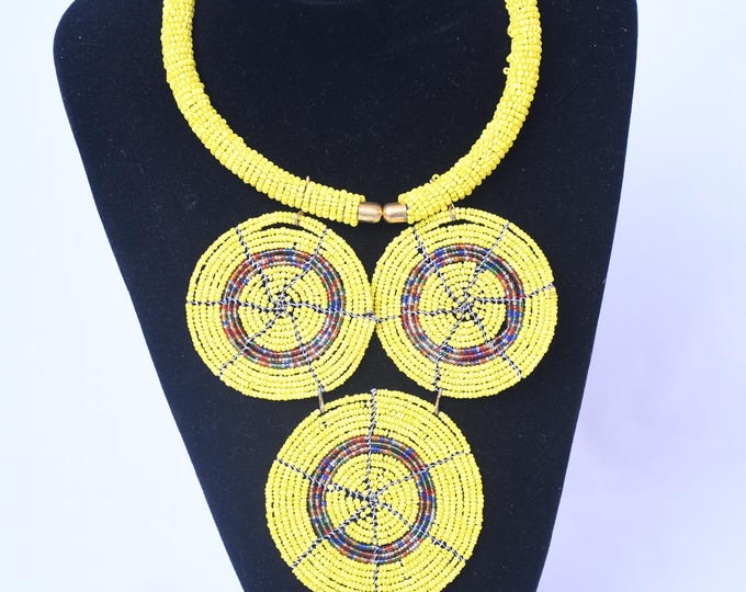 On SALE African Yellow 3 Pendants Bead African necklace | Maasai Necklace | Stylish | Gift for Her | Masai Mara