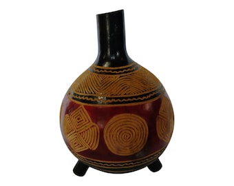 Hand-Painted Three-Legged Gourd Bowl with Zigzag Patterns - African Art Decor - Cultural Wall Art- Unique Home decor