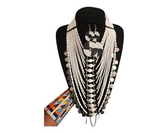 Maasai Wedding Jewelry Set: Beaded Necklace, Earrings & Cuff Bracelet