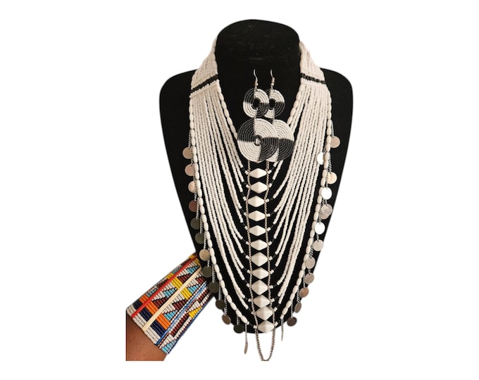 Stunning Maasai Wedding Jewelry Set White Black Necklace Earrings Colorful Cuff Bracelet Handmade Statement Bridal Gift Finest Beads Art