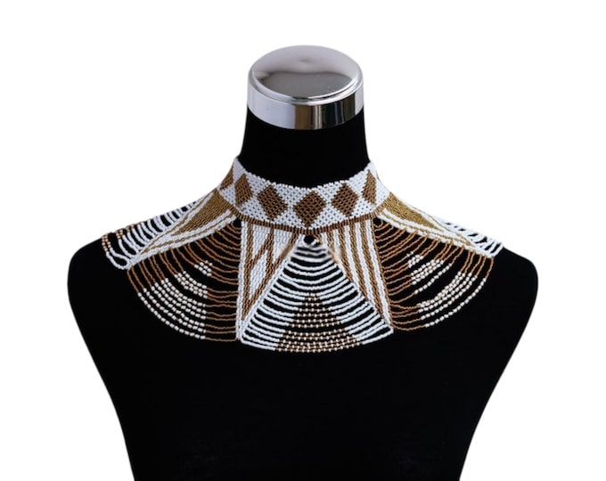 African White & Gold Beaded Collar Necklace, Geometric Tribal Statement Choker, Handcrafted Zulu-Inspired Bib