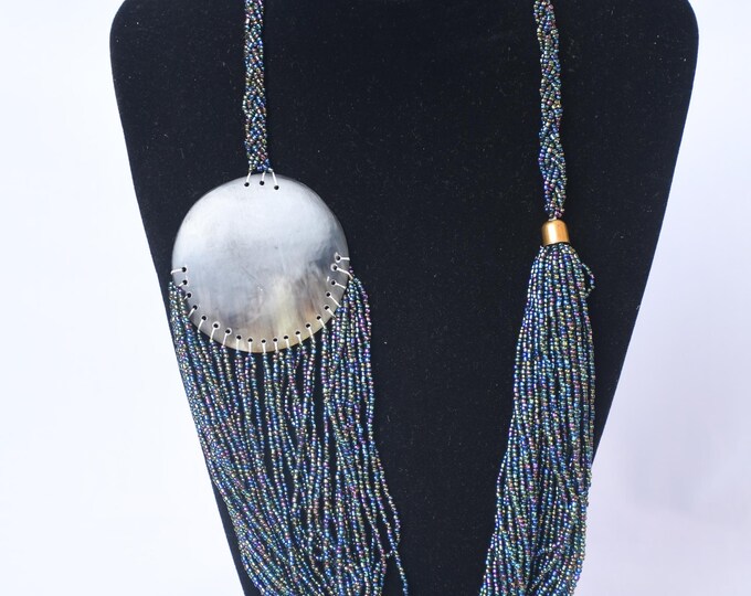On SALE African Striking Iridescent Beaded Tassel Necklace with Natural Pendant| Maasai Necklace | Stylish | Gift for Her | Masai Mara