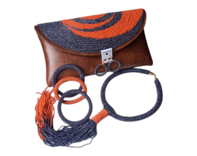 Handcrafted African Beaded Leather Clutch Set, Navy & Orange Bead Evening Purse with Matching Necklace Earrings Bangles Gift