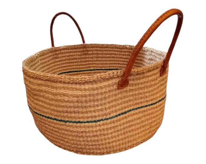 African Sisal Kiondo Handbag Beige Green Beach Bag Handmade Valentine's Gift African Decor Shopping Bag Laundry Basket Fiber Art