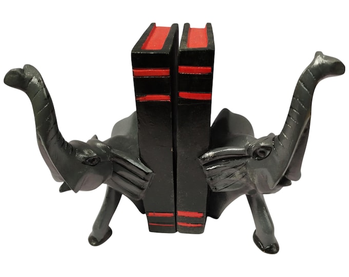 A Hand-Carved Wooden Elephant Design Bookends with Red Accents - Set of Two- Unique Home Accessory