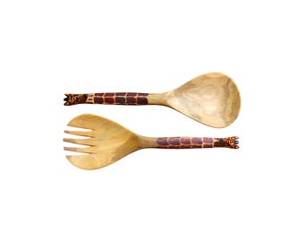 Hand-Carved Wooden Giraffe Salad Servers: Safari Kitchen Decor