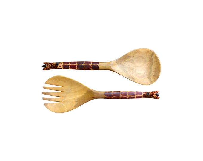 Hand-Carved Wooden Giraffe Salad Servers: Safari Kitchen Decor