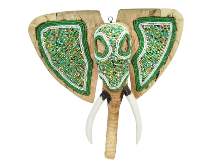 On Sale!! Beaded Elephant Mask Wall Decor -  Boho Animal Theme Wisdom Cultural Significance African Wall Hanging Ceremonial green white
