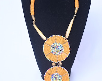 African Beaded Necklace – Orange Disc Pendants, Handcrafted Art