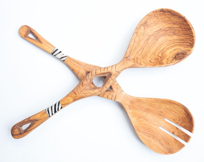 A Hand-Carved Olive Wood Salad Server Set with Elegant Metal Inlay - Unique Kitchen Utensils | Wooden Spoons | African Spoon |