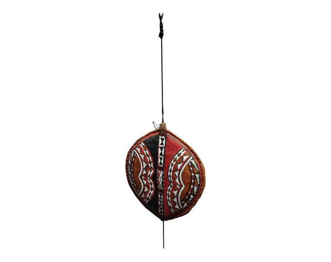 A Hand Painted Masai Shield & Spear Tribal Art Wall Decor Kenya Black Red White Geometric Decor
