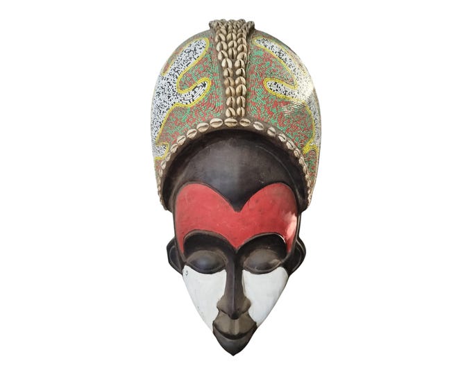 On Sale Unique  Majestic & Mystical West African Mask with Cowrie Shells and Red Accents Wall Decor Display Wall Hanging Ceremonial