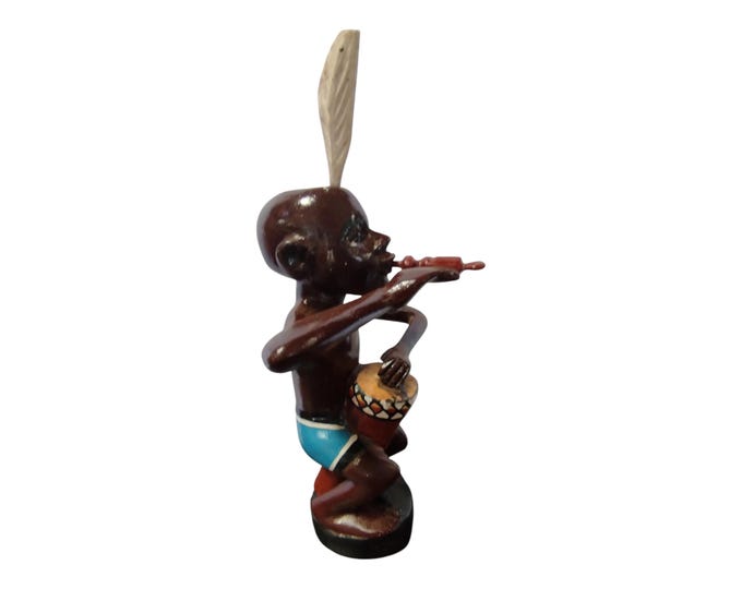 African Musician Wood Carving: Handmade Tribal Art Figurine
