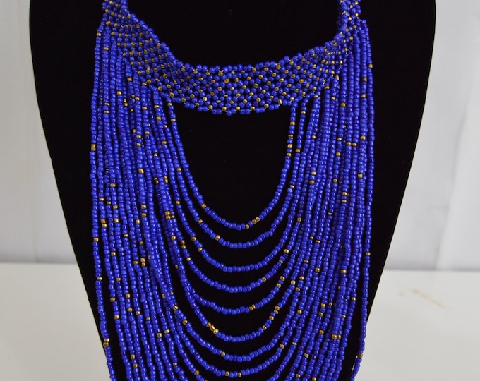 Beaded Blue Gold African Necklace | Maasai Traditional | Gift for Her