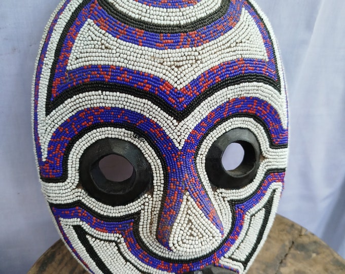 Striking West African Mask in blue and white Stripes (Hand-Carved Wood)(Democratic Republic of Congo Art gift wood Wall Hanging Home Decor