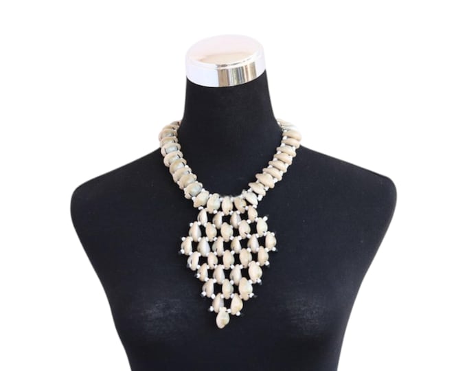 Natural Cowrie Shell Mesh Capelet Necklace, Woven Shell and Bead Collar, African Tribal Choker