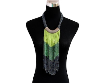 African Ombre Fringe Necklace, Long Lime Green to Navy Beaded Tassel, Geometric Statement Choker