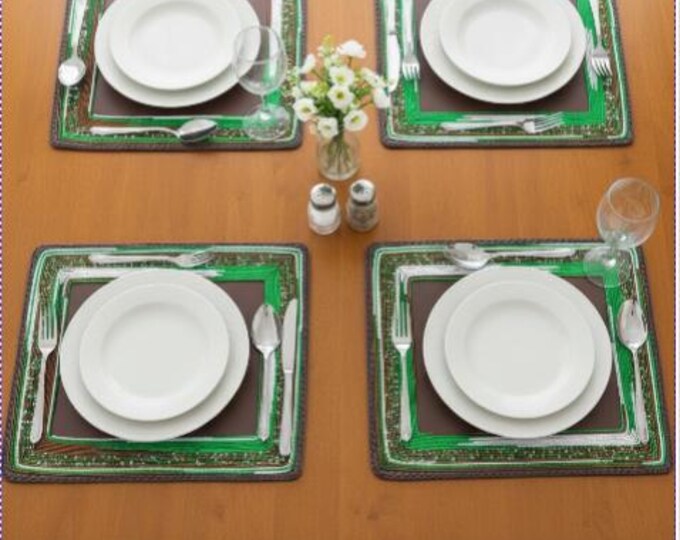 Hand-Beaded African Leather Table Mats - Square Green and White Set