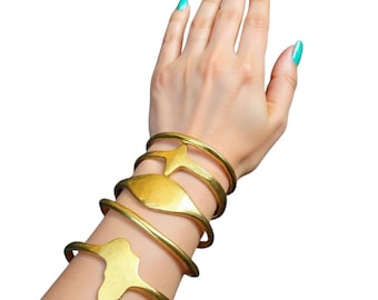 Brass Cuff Bracelet Set: Africa Map, Eye, Star - Gold Tone Armbands