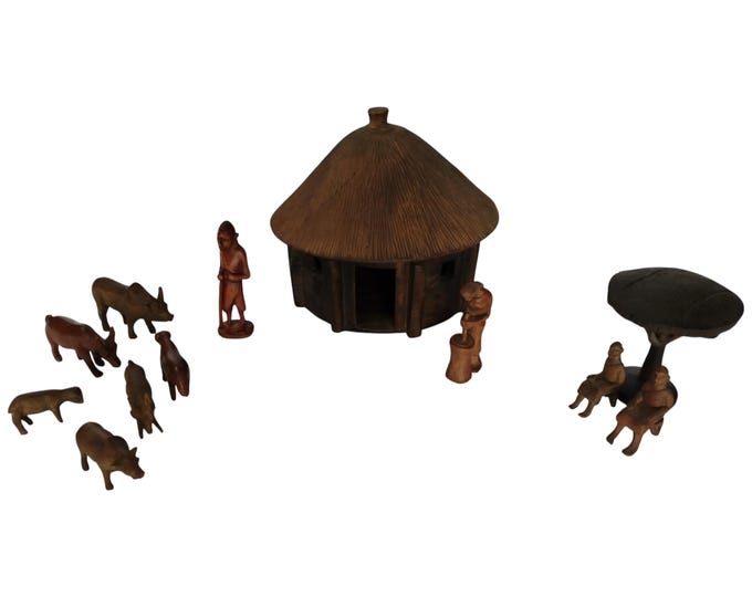 A Hand-Carved Jacaranda Wood Hut Sample with African Village Scene - Cultural Art Decor - Cultural Wall Art- Unique Home decor
