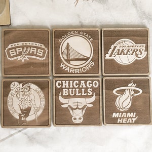 Set of 6 NBA Wooden Coasters • San Antonio Spurs, Golden State Warriors, Lakers, Celtics, Chicago Bulls and Miami Heat • Gift • Sport