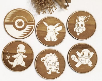 Set of 6 Pokemon Wooden Coasters • Pikachu, Eevee, Charmander, Squirtle, Bulbasaur and Poké Ball • Wood • Gift • Geek • Choose any Pokemon