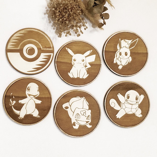 Set of 6 Pokemon Wooden Coasters • Pikachu, Eevee, Charmander, Squirtle, Bulbasaur and Poké Ball • Wood • Gift • Geek • Choose any Pokemon