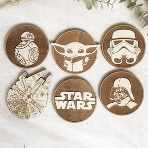 Set of 6 Star Wars Wooden Coasters • Grogu, Darth Vader, Stormtrooper, Falcon Ship, BB 8 and Logo • Wood • Gift • Geek • Free Customization