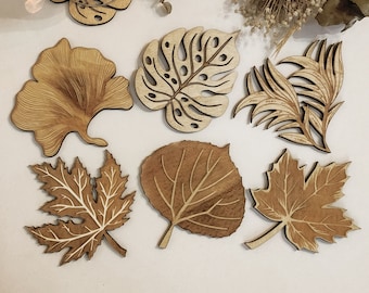 Set of 6 Leaves Wooden Coasters • Wood • Gift • Nature • Free Customization