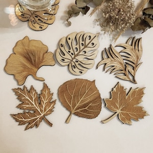 Set of 6 Leaves Wooden Coasters • Wood • Gift • Nature • Free Customization