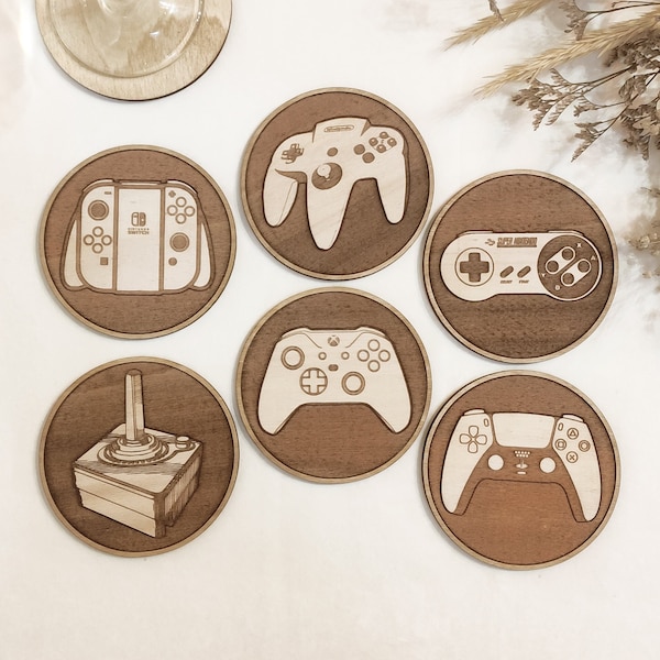 Juego de 6 posavasos de madera para juegos de controlador • Madera • Regalo • Hecho a mano