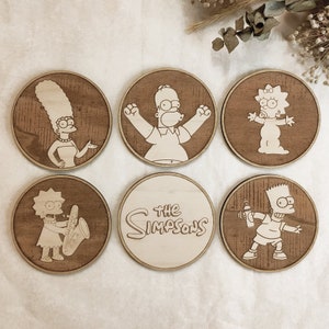 Set of 6 The Simpsons Wooden Coasters • Homer, Marge, Bart, Lisa and Maggie • Gift • Geek