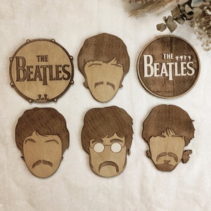 Set of 6 The Beatles Wooden Coasters • John Lennon, Paul McCartney, George Harrison, Ringo Starr, Drums and Logo • Gift • Free Customization