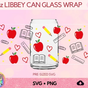 May include: A 16oz can glass wrap design featuring a repeating pattern of red apples, yellow stars, black and white books, red hearts, pencils, and rulers. The design is on a clear glass can.