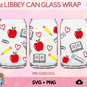 Teacher glass cup wrap SVG, Libby tumbler glass can PNG, Libbey Beer glass, Apples Pencil School SVG