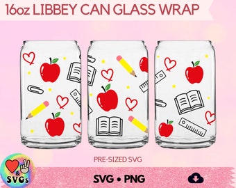 Teacher glass cup wrap SVG, Libby tumbler glass can PNG, Libbey Beer glass, Apples Pencil School SVG