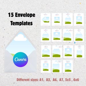 May include: An image showcasing 15 envelope templates in various sizes, including A1, A2, A6, A7, 5x5, and 6x6. The templates feature a landscape design with a sky and green field. The Canva logo is visible on an open envelope.