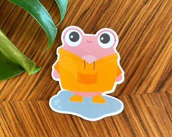 Pink Splash- vinyl sticker - kawaii Frog in a raincoat and wellies Label