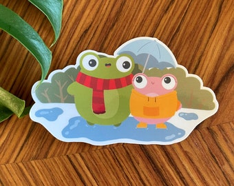 Hopper and pink puddle splash- vinyl sticker - kawaii Frogs in puddles label