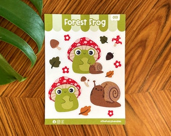 Forest frog sticker sheet 001 - Frog in a mushroom hat journal diary labels gift