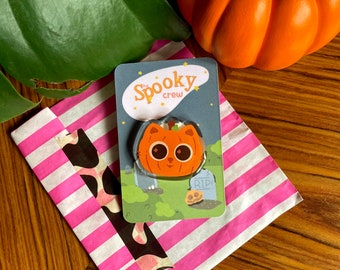 Spooky Crew pumpkin kitty Pin badge ~ Kawaii halloween fall season pumpkin cat gift