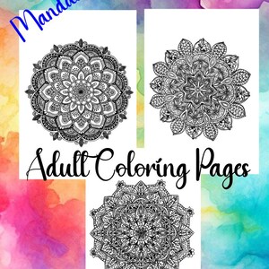 May include: A set of three black and white mandala coloring pages. The pages are titled "Mandala Adult Coloring Pages Set of 3".