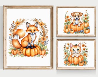 Fall Nursery Wall Art, PRINTABLE WALL ART, Cute Animals and Pumpkins, Set of Three