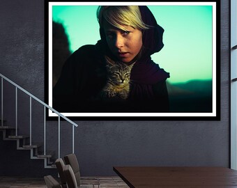 Portrait of a mystical woman with a magical cat