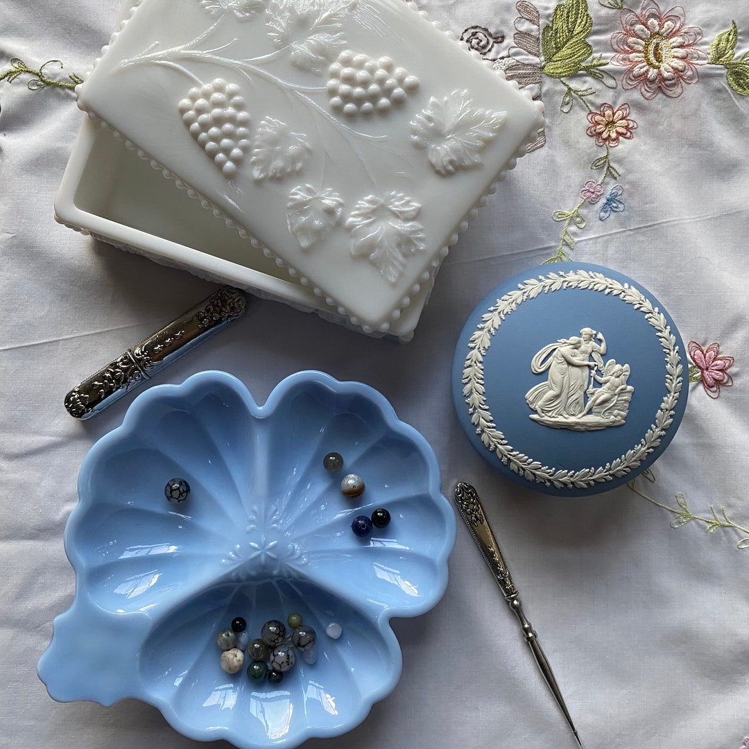 Vintage Milk Glass Jewelry and Trinket Box Wedgwood Blue White Etsy